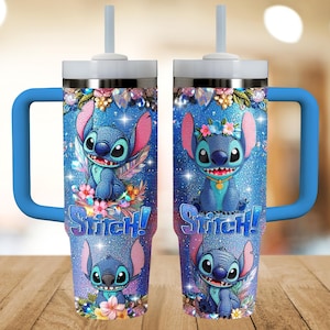 Disney Stitch-beker van 40 oz, Disney Blue Alien Steel-beker, roestvrijstalen beker Lilo and Stitch-waaier, schattige beker voor tropische drinkgerei