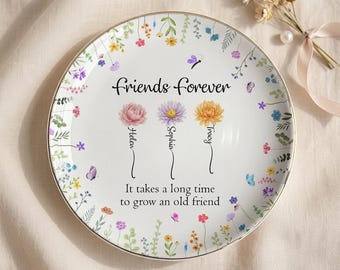 Personalized Friends Forever Jewelry Dish, Floral Ring Dish, Custom Name Gift, Friendship Gift, Best Gift For Her, Trinket Dish
