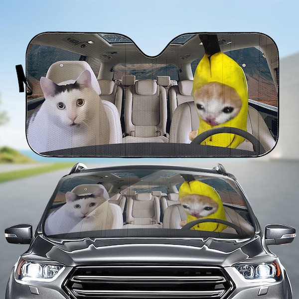 Funny Meme Car Sunshade, Huh Cat Banana Cat Windshield Shade, Cute Animal Meme Car Accessory, Cat Lover Gag Gift, Funny Car Decor
