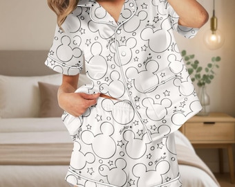 Pijama corto de satén de Mickey Mouse de Disney, bonito pijama de dama de honor de Mickey Mouse, ropa de estar por casa de verano para mujer, conjunto de pijama para viaje a Disneyland