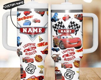 Personalized Lightning McQueen 40oz Tumbler, Disney Cars Movie Steel Tumbler, Race Car Tumbler Cup, Pixar Drinkware For Gift For Fan