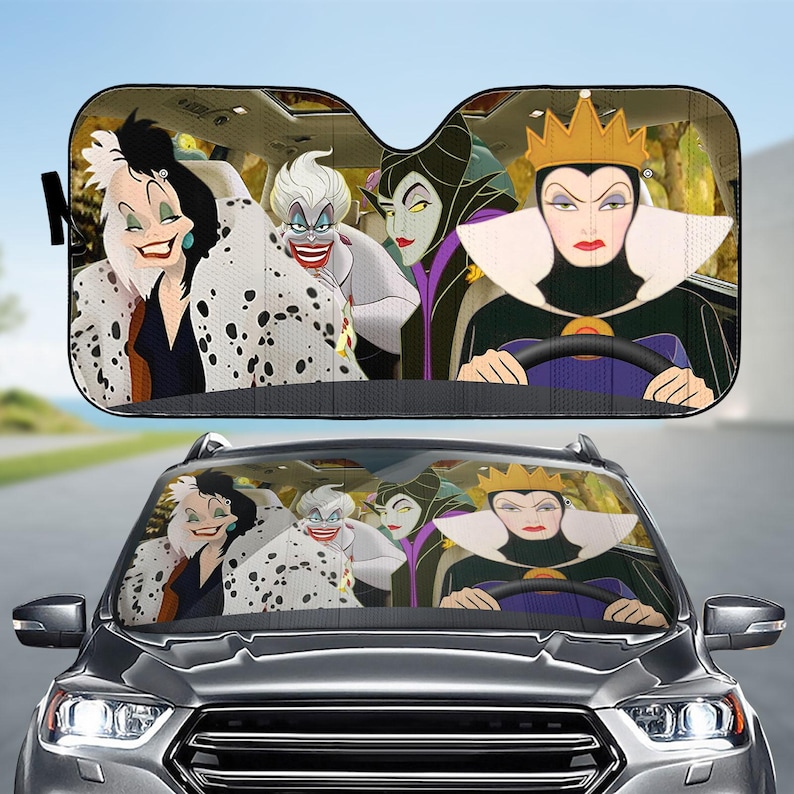 Disney Villains Car Sunshade, Evil Queen Maleficent Ursula Auto Shade, Spooky Halloween Car Accessory, Disney Magic Movie Visor