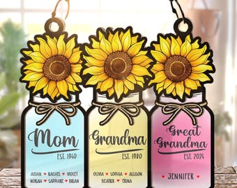 Decorazione personalizzata per finestra, acchiappasole, con fiori in barattolo di vetro, per mamma, nonna, bisnonna, in acrilico, regalo commemorativo personalizzato