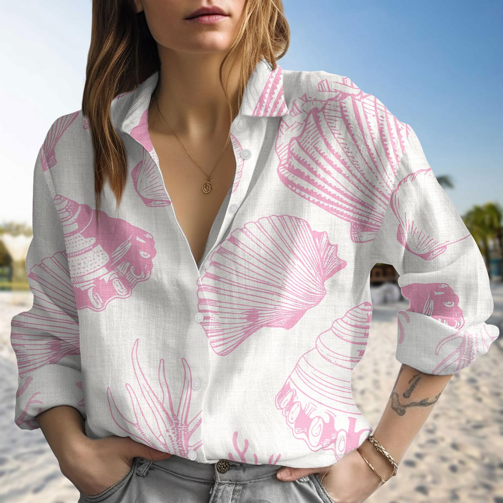 Discover Pink Seashell Blouse Shirt, Seashell Beach Long Sleeve Shirt, Coquette Seashells Shirt For Women, Mermaid Bachelorette Shirt