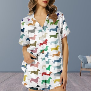 Dachshund Dog Short Satin Pajamas, Dog Lover Matching Pajamas Women, Dachshund Dog Silk Pajamas For Women, Pet Love Bride Pajamas