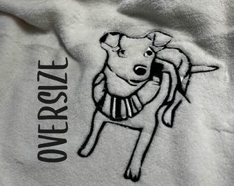 Pet portrait with line art embroidery from photo on oversized hoodie • Personalized for dogs & cats • Custom pet hoodie horse bird