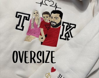 Family portrait embroidery on an oversized hoodie | Initials & custom text | Personalized embroidery | Gift for couples and families