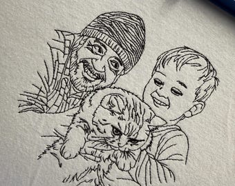 Personalized family portrait with line art embroidery on a sweatshirt | Minimalist family motif | Unique gift for mom and dad