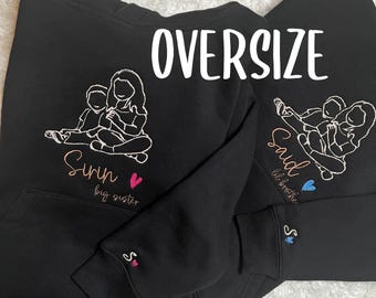 Family portrait with line art embroidery on an oversized hoodie • Custom embroidery from a photo • Gift for families, parents & couples