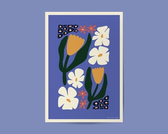 Fleurs bleues - impression A4/A5/A6 - affiche & carte postale - illustration digitale minimaliste