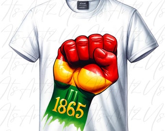 May include: A white t-shirt with a green, yellow, and red fist raised in the air. The fist is painted to look like a flag. The year 1865 is written in white on the green part of the fist.