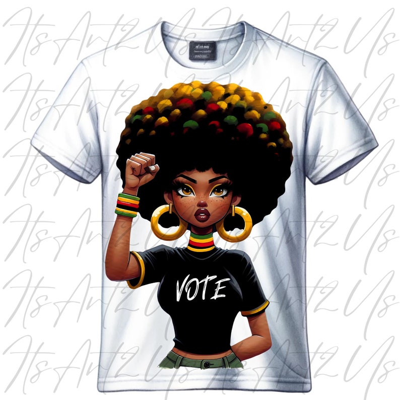 May include: A white t-shirt with a graphic of a woman with an afro hairstyle, wearing a black shirt with the word "VOTE" on it, raising her fist in the air. She is wearing gold hoop earrings and a red, yellow, and green bracelet.