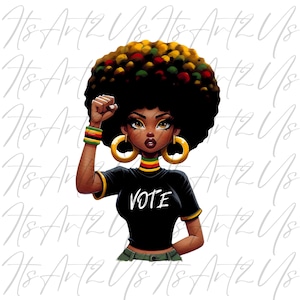 May include: A digital illustration of a Black woman with an afro hairstyle, wearing a black t-shirt with the word "VOTE" printed on it, raising her fist in the air. She is wearing a gold necklace and earrings, and a red, yellow, and green bracelet.