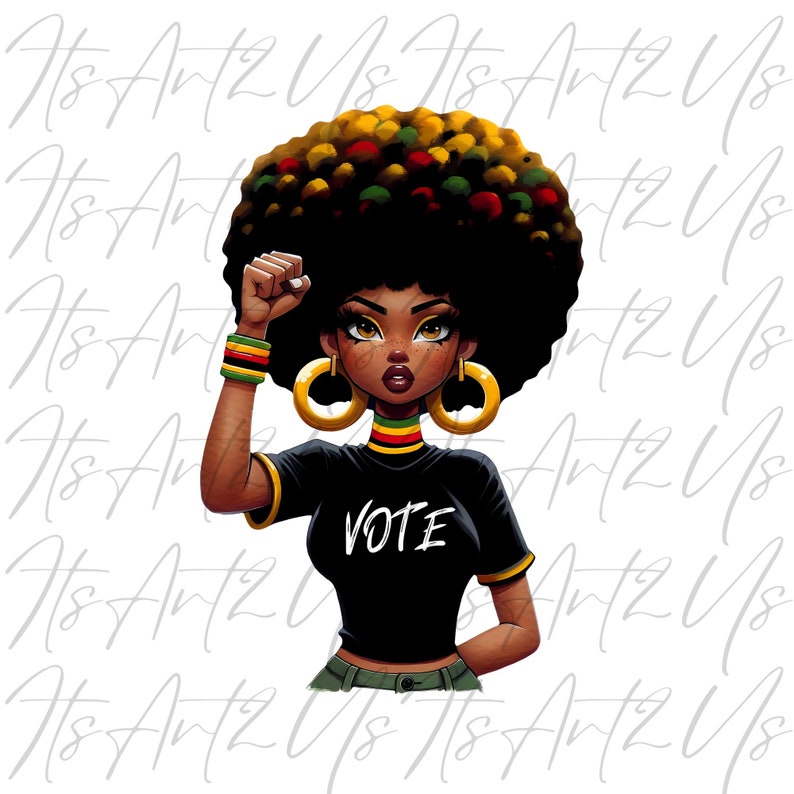 May include: A digital illustration of a Black woman with an afro hairstyle, wearing a black t-shirt with the word "VOTE" printed on it, raising her fist in the air. She is wearing a gold necklace and earrings, and a red, yellow, and green bracelet.