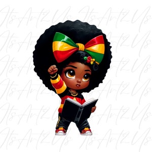 May include: A digital illustration of a young girl with dark brown skin and black curly hair. She is wearing a red, yellow and green bow and a matching shirt. She is holding a black book and has her fist raised in the air.