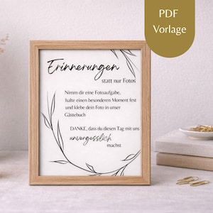 Puede incluir: Un marco de madera clara que contiene una impresión con texto en alemán, incluyendo "Erinnerungen statt nur Fotos". El texto es negro, con elementos florales. Una etiqueta dorada "PDF Vorlage" es visible en la esquina superior derecha.