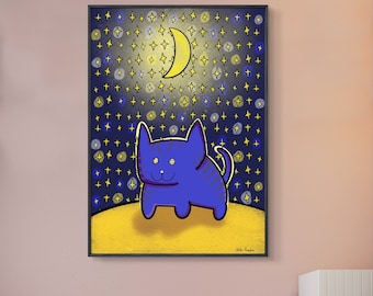 CAT with stars Poster, Cat Poster, Cat Print, Cat Wall Art, Cat Print Wall Art, Cat Gifts, Cat Illustration