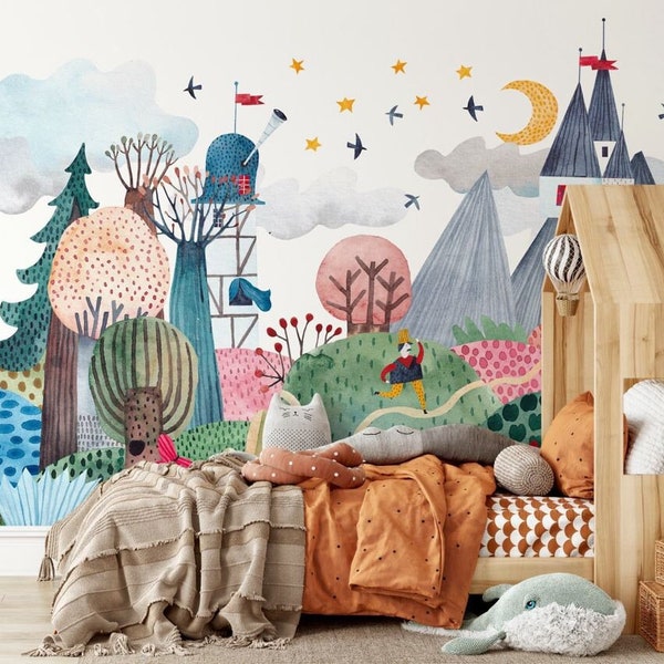 Kids Castle Wallpaper, Peel and Stick Wallpaper, Fairy Tale World, Fairy Tale  Nursery Wallpaper, Watercolor Child Wallpaper