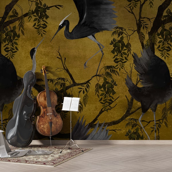 Chinoiserie Crane Wallpaper, Wall Mural Chinoiserie Flower, Crane Bird Chinoiserie Wallpaper Peel and Stick, Home Decor