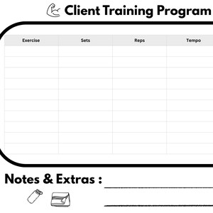 Puede incluir: Una plantilla de Programa de Entrenamiento para Clientes en blanco y negro. La parte superior de la plantilla tiene el texto "Client Training Program" con un gráfico de bíceps flexionados a cada lado. La plantilla incluye secciones para Ejercicio, Series, Repeticiones, Tempo y Consejos.