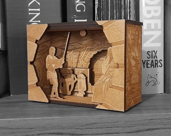 Luke Training mini movie scene, laser engraved wooden diorama