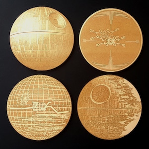 Set of 4 'Space station'- inspired laser-engraved wooden  coasters