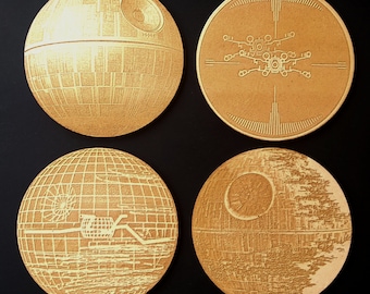 Set of 4 'Death Star'- inspired laser-engraved wooden  coasters