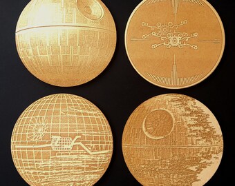 Set of 4 'Space station'- inspired laser-engraved wooden  coasters