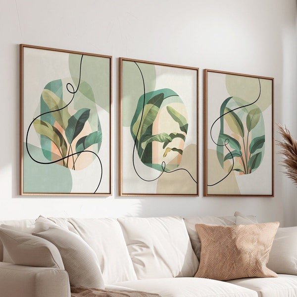 Set of 3 Botanical Prints, Gallery Wall Art, printable wall art in warm green tones, modern decoration, set of minimalist abstract prints