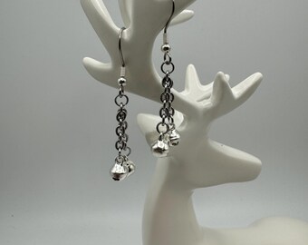 Holiday Jingle Dangle Earrings - Silver toned bells on stainless steel chains
