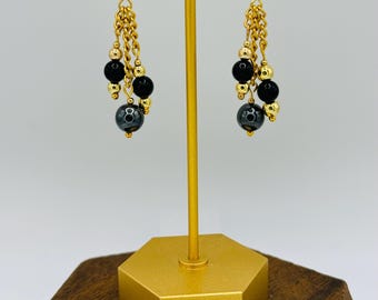Hematite Flail Dangle Earrings - Hematite Beads | Black Onyx Beads | Gold tone stainless steel chain