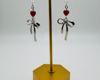 Heartstrings Hoop Earrings - Glass Heart Bead | Silver tone Bow charm