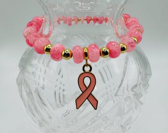 Breast Cancer Awareness Bracelet - Pink Jade | Gold filled beads | Ribbon Charm