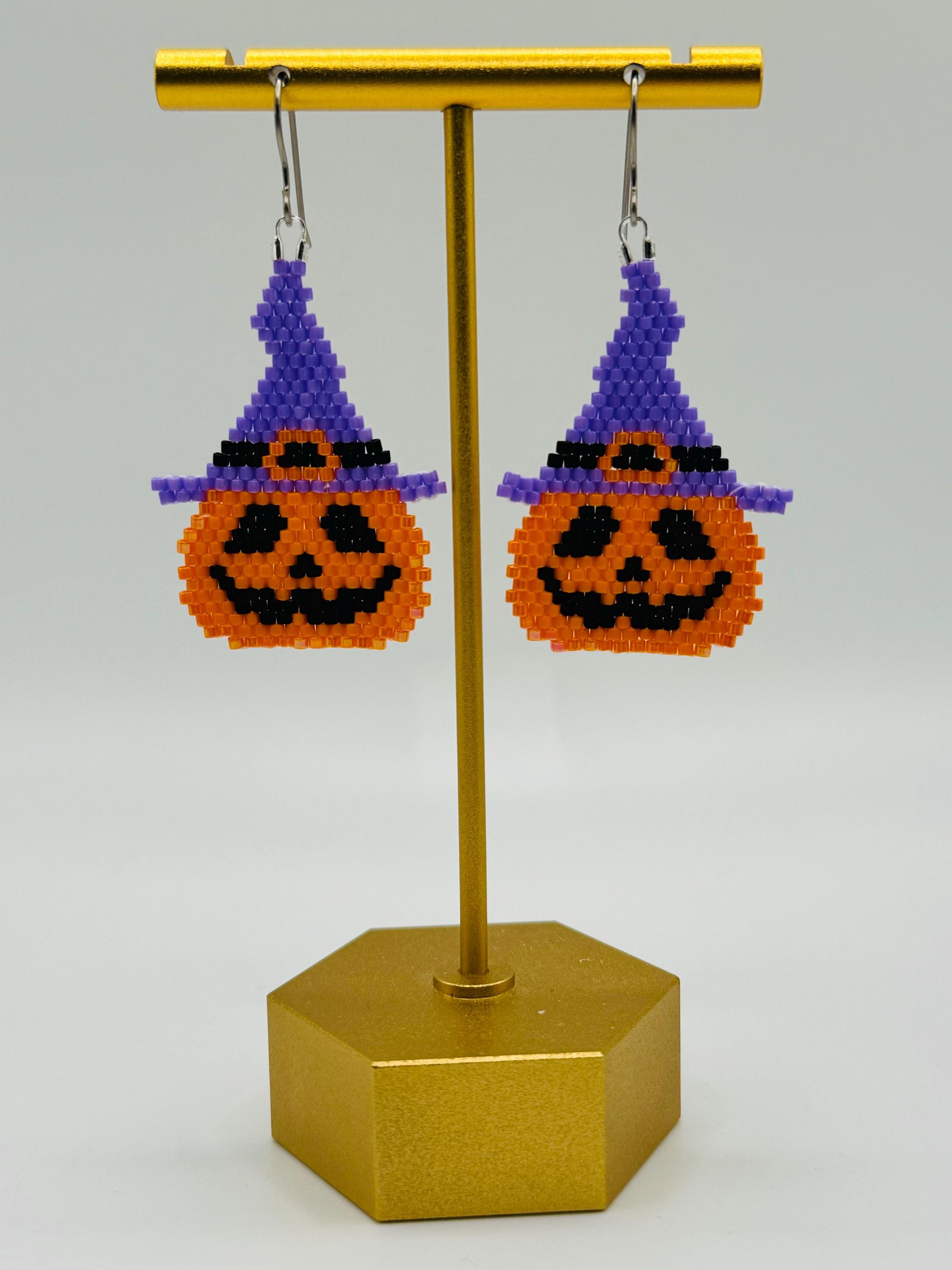 Golden Lily Halloween Beaded Pumpkin Earrings