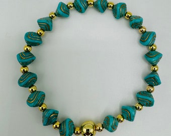 Turquoise Tide - Turquoise Czech glass shell beads with gold swirl detail and gold filled beads