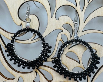 Midnight Halo Hoop Earrings - Silver Hammered Center Ring | Black Miyuki Seed Beads