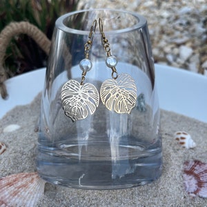 Monstera Leaf & Pearl Dangle Earrings