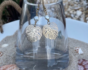 Monstera Leaf & Pearl Dangle Earrings