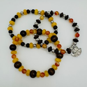 Woodlands Bracelet Stack - Wood Beads | Yellow Jade | Carnelian | Stainless Steel | Owl Charm