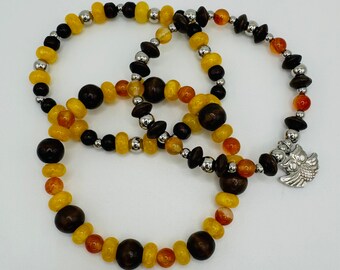 Woodlands Bracelet Stack - Wood Beads | Yellow Jade | Carnelian | Stainless Steel | Owl Charm
