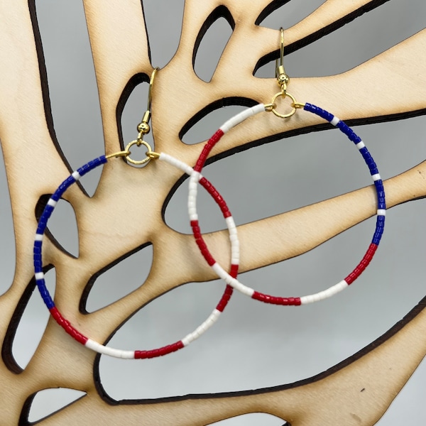 Red White and Blue - Miyuki Delica Seed Bead Hoop Earrings - USA/America/Memorial Day/4th of July/Labor Day