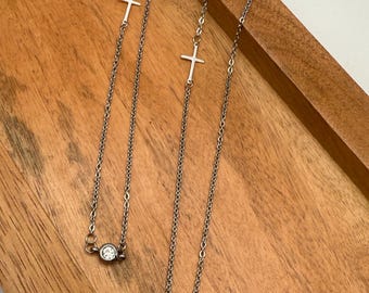 Grace & Light Necklace - Sterling Silver Cross on a Stainless Steel Chain with a Crystal Accent