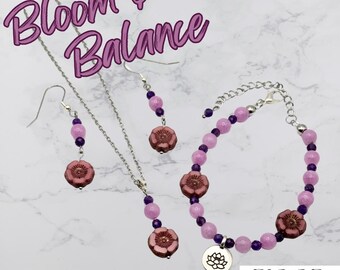 Bloom and Balance - Amethyst | Kunzite | Czech Glass Flower | Handmade Dangle Earrings, Necklace or Bracelet