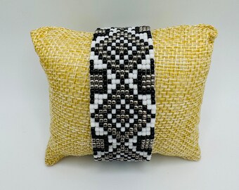 Midnight Mosaic - Woven Bracelet with Black White & Silver Seed Beads