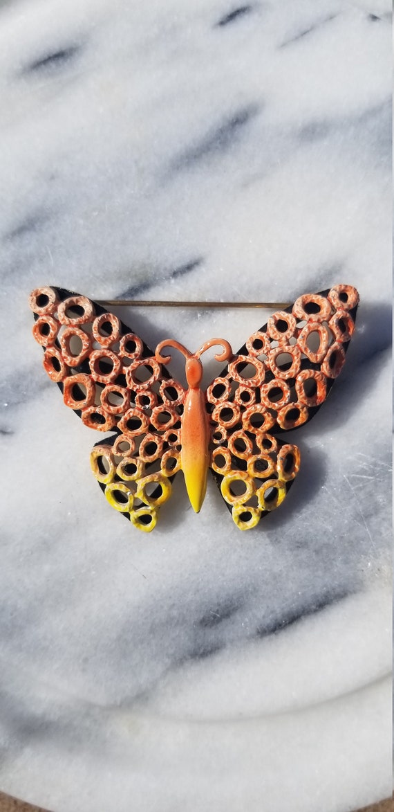 Vintage Ombre Butterfly Orange and Yellow Metal En