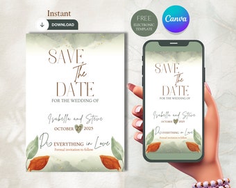 Sage green SAVE THE DATE template, Christian printable and editable template, wedding invitations, Bible verses. Elegant templates. Leafs.