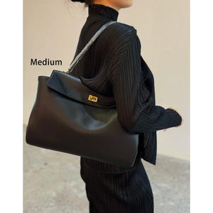 Black Top Handle Bag, Soft Leather Tote Bags, Classic Leather Shoulder Bag