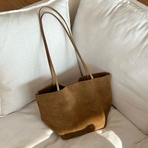 Suede Small Totes,Genuine Leather Shoulder Bag,Minimal Design Bucket Bag