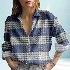 Navy Blue Plaid Linen Shirt, Long Sleeve Button Up Blouse, Casual Oversized Fall Shirt for Women, Checkered Loose Fit Top