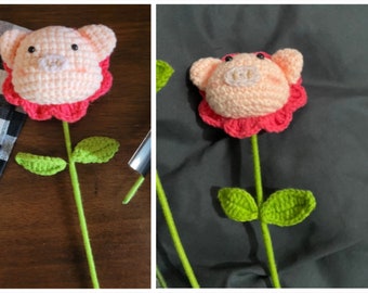 1pc Acrylic Artificial Flower, Cartoon Pig Design Knitted Fake Flower For Gift